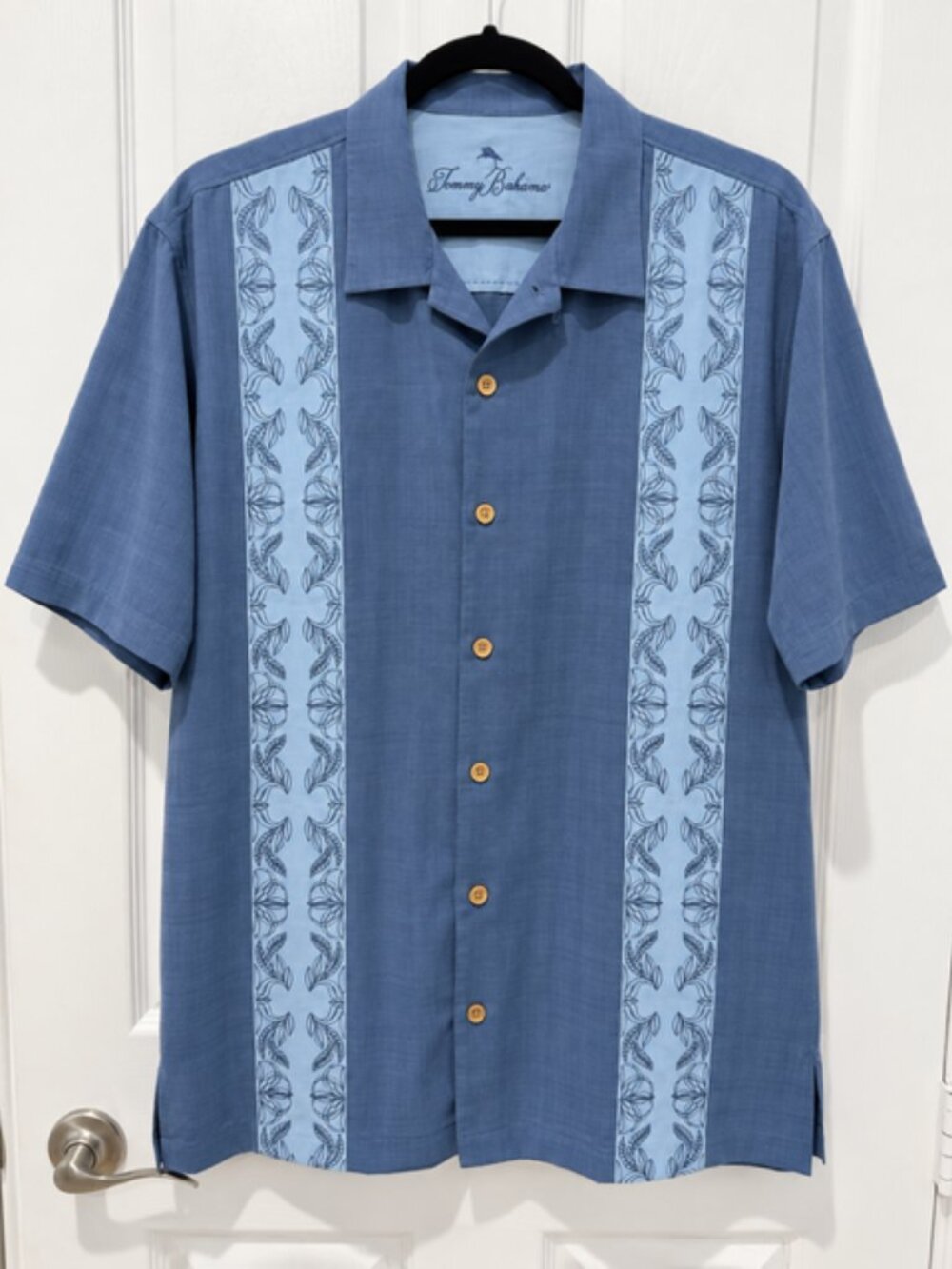 Tommy Bahama Blue Silk Cotton Camp Shirt Men’s L Resort Coastal Hawaiian